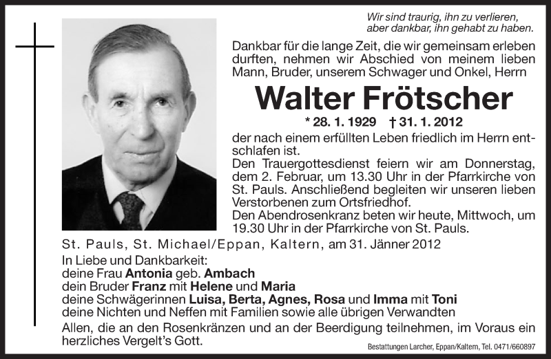  Traueranzeige für Walter Frötscher vom 01.02.2012 aus Dolomiten