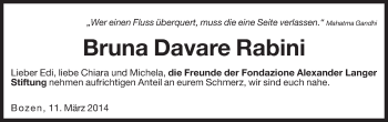 Traueranzeige von Bruna Davare Rabini von Dolomiten