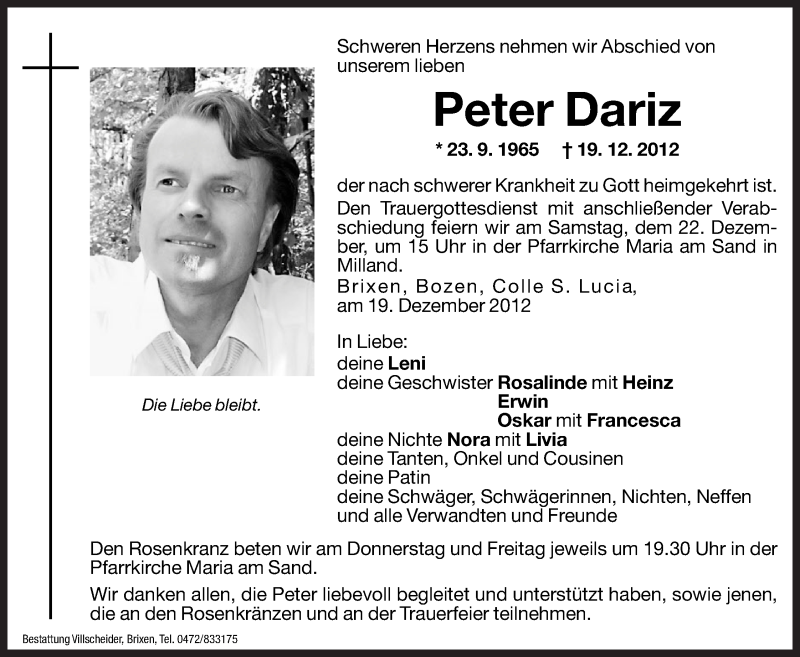  Traueranzeige für Peter Dariz vom 20.12.2012 aus Dolomiten