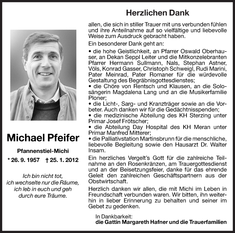  Traueranzeige für Michael Pfeifer vom 17.02.2012 aus Dolomiten