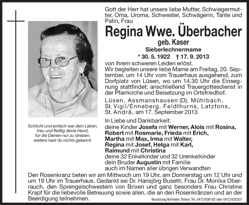  Traueranzeige für Regina Überbacher vom 18.09.2013 aus Dolomiten