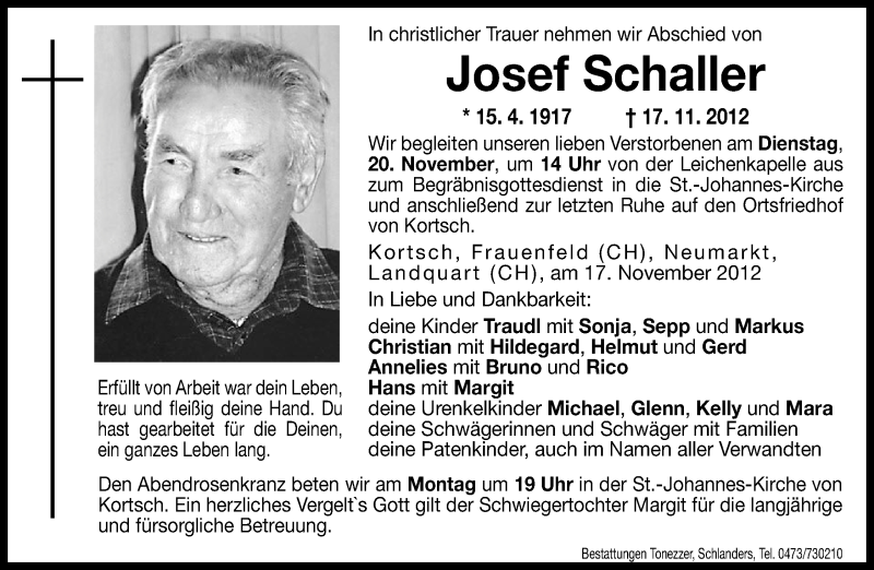  Traueranzeige für Josef Schaller vom 19.11.2012 aus Dolomiten