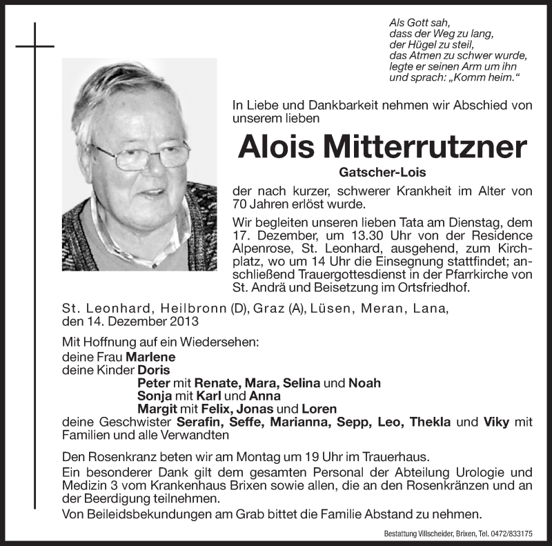  Traueranzeige für Alois Mitterrutzner vom 16.12.2013 aus Dolomiten