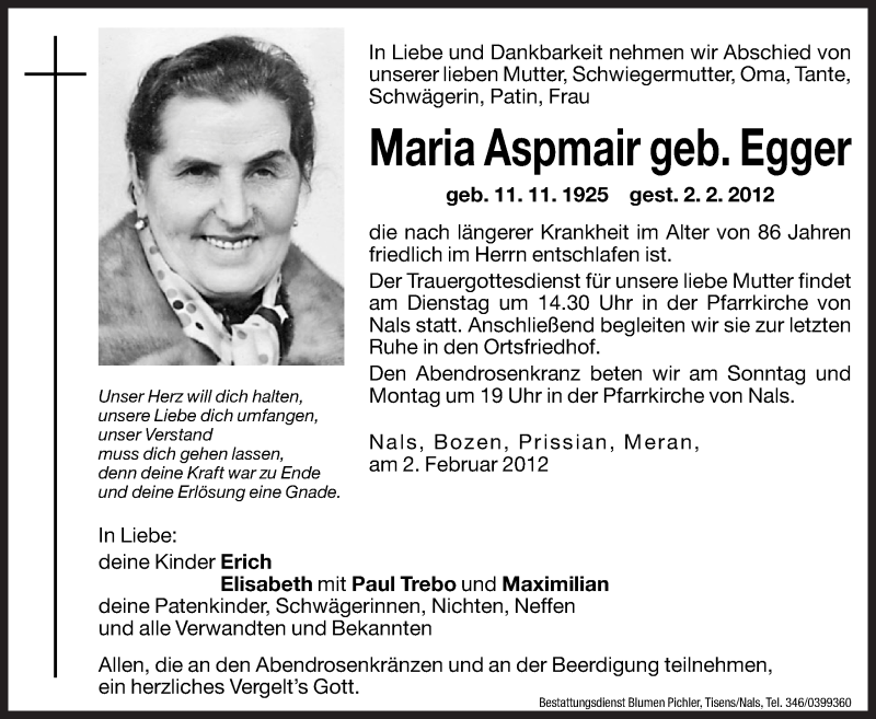  Traueranzeige für Maria Aspmair vom 04.02.2012 aus Dolomiten