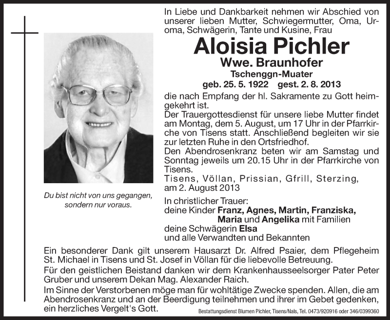  Traueranzeige für Aloisia Braunhofer vom 03.08.2013 aus Dolomiten