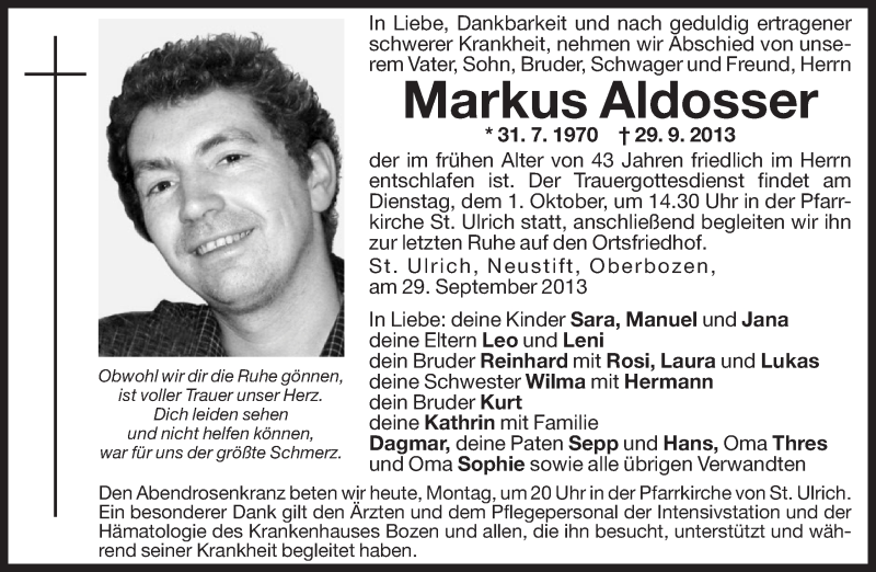  Traueranzeige für Markus Aldosser vom 30.09.2013 aus Dolomiten