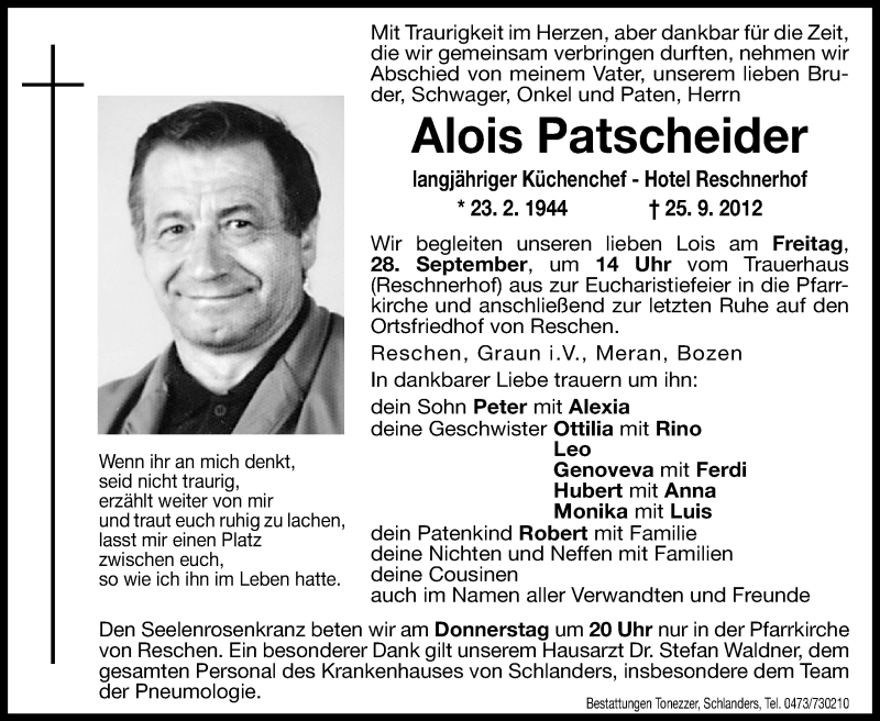  Traueranzeige für Alois Patscheider vom 27.09.2012 aus Dolomiten