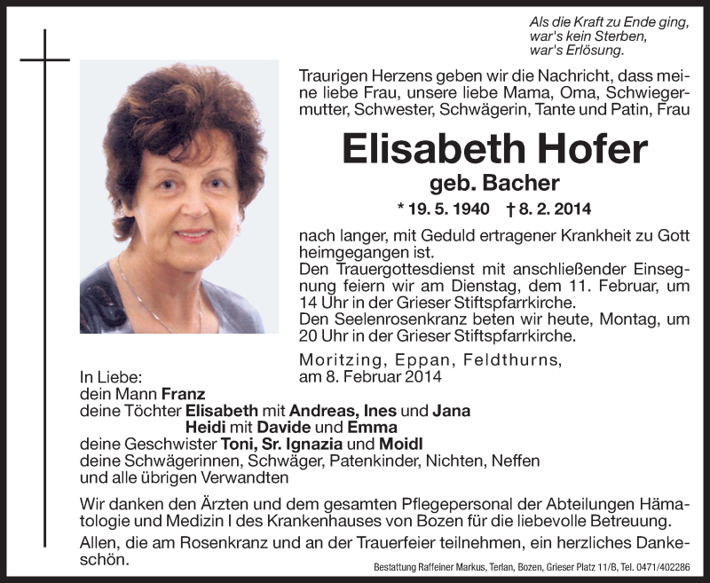  Traueranzeige für Elisabeth Hofer vom 10.02.2014 aus Dolomiten