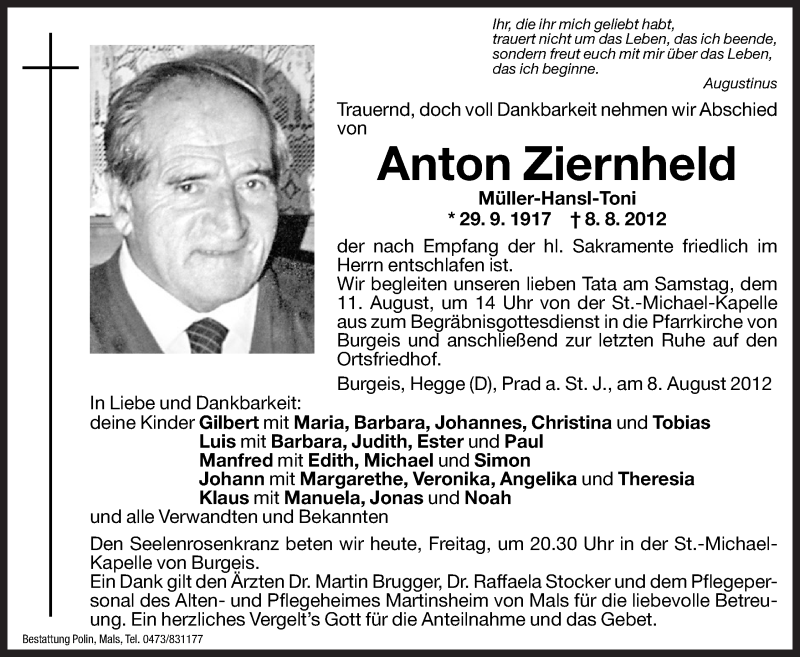  Traueranzeige für Anton Ziernheld vom 10.08.2012 aus Dolomiten