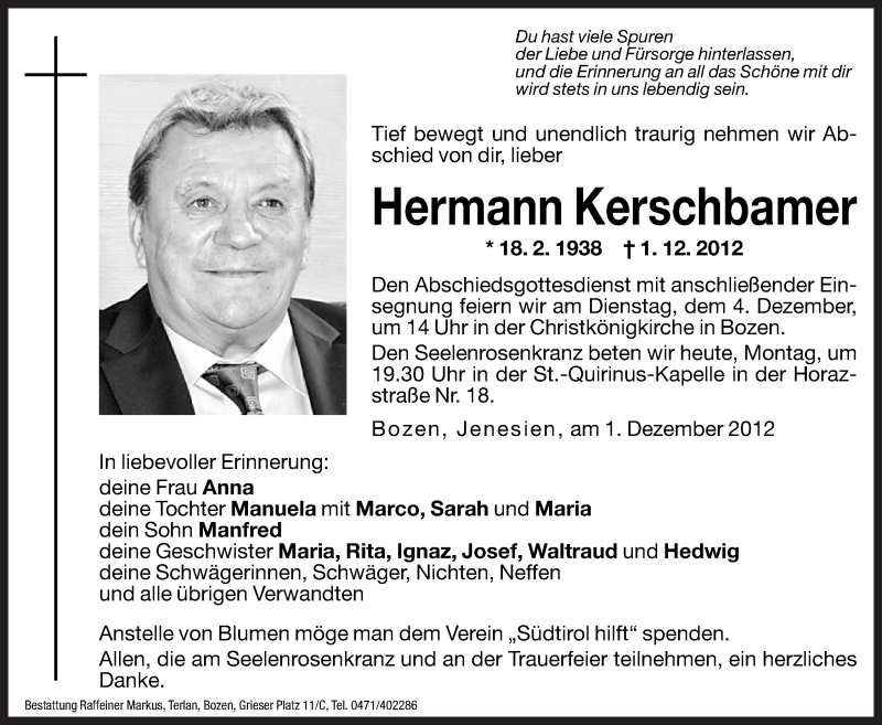  Traueranzeige für Hermann Kerschbamer vom 03.12.2012 aus Dolomiten