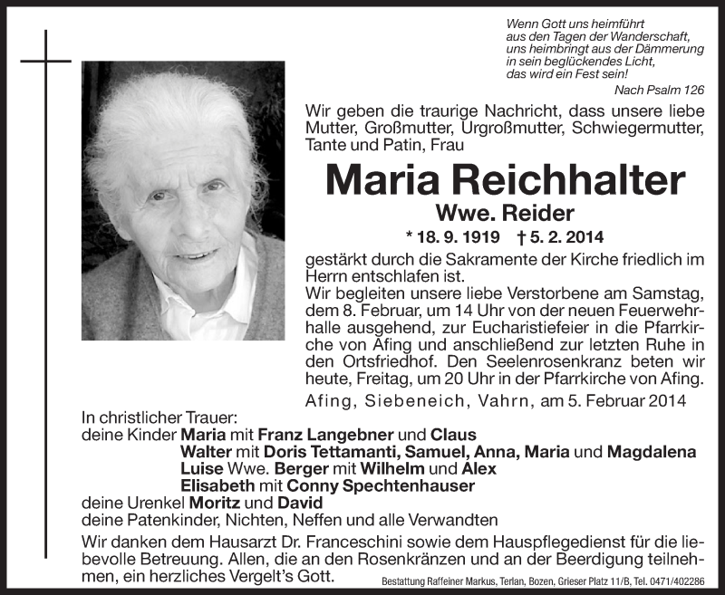  Traueranzeige für Maria Reider vom 07.02.2014 aus Dolomiten