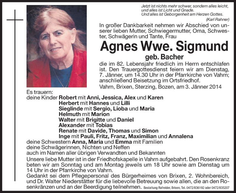  Traueranzeige für Agnes Sigmund vom 04.01.2014 aus Dolomiten