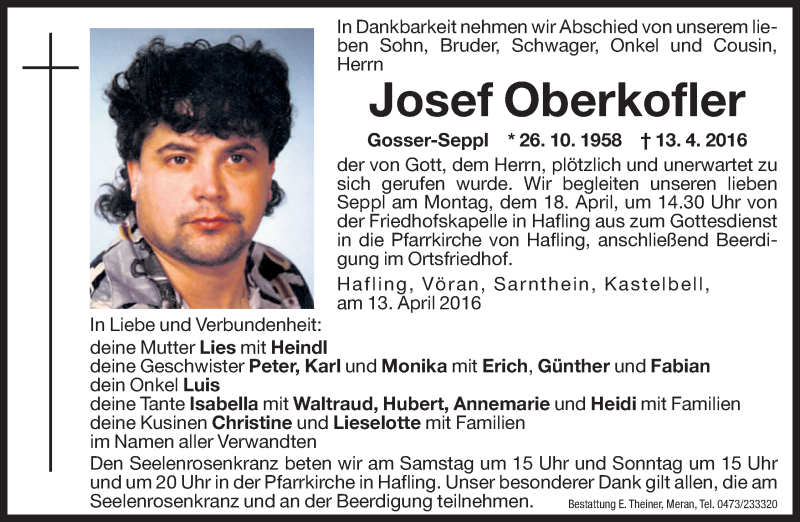  Traueranzeige für Josef Oberkofler vom 16.04.2016 aus Dolomiten