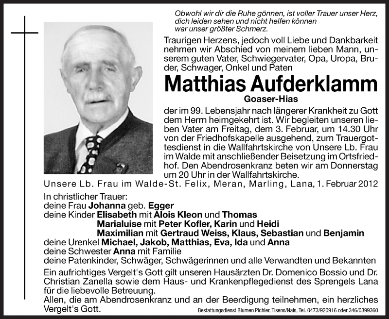  Traueranzeige für Matthias Aufderklamm vom 02.02.2012 aus Dolomiten