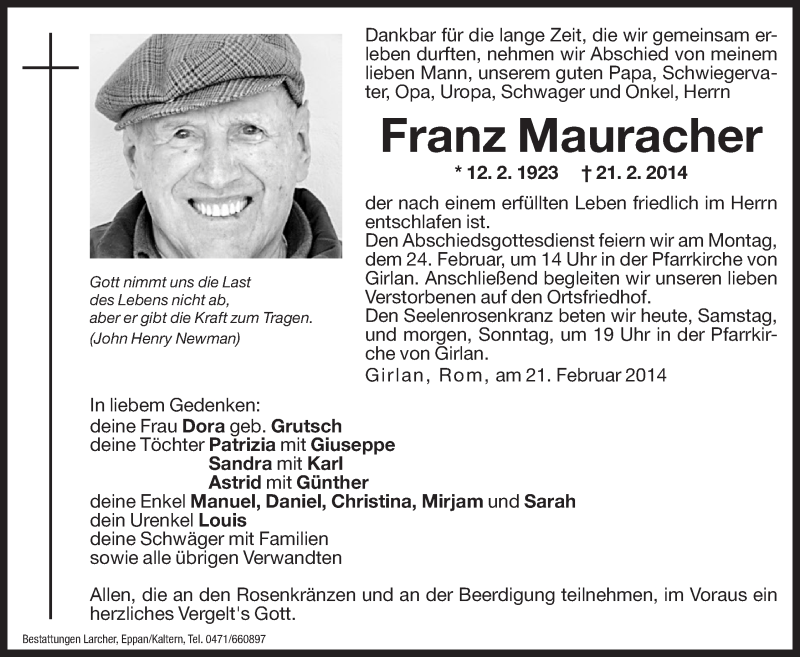  Traueranzeige für Franz Mauracher vom 22.02.2014 aus Dolomiten