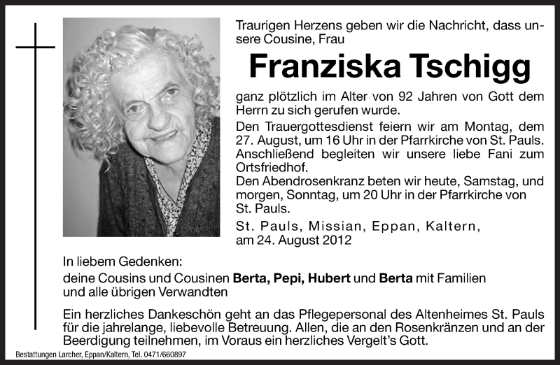  Traueranzeige für Franziska Tschigg vom 25.08.2012 aus Dolomiten