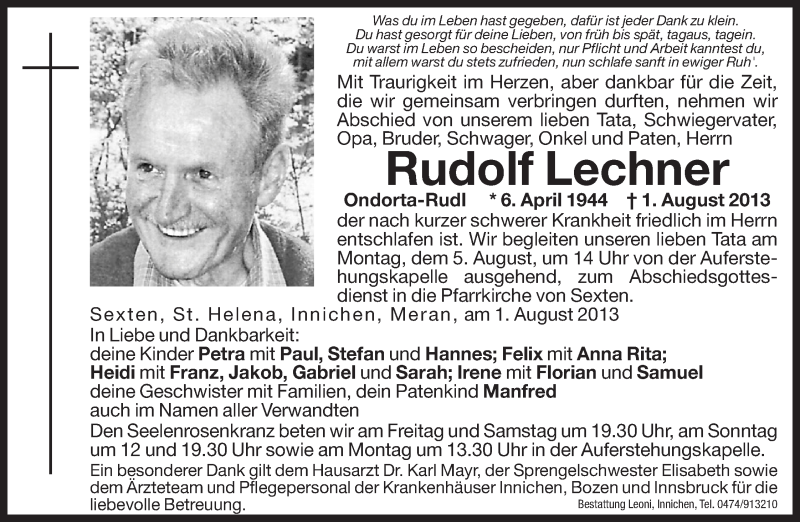  Traueranzeige für Rudolf Lechner vom 02.08.2013 aus Dolomiten