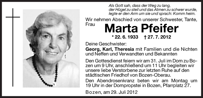  Traueranzeige für Marta Pfeifer vom 28.07.2012 aus Dolomiten