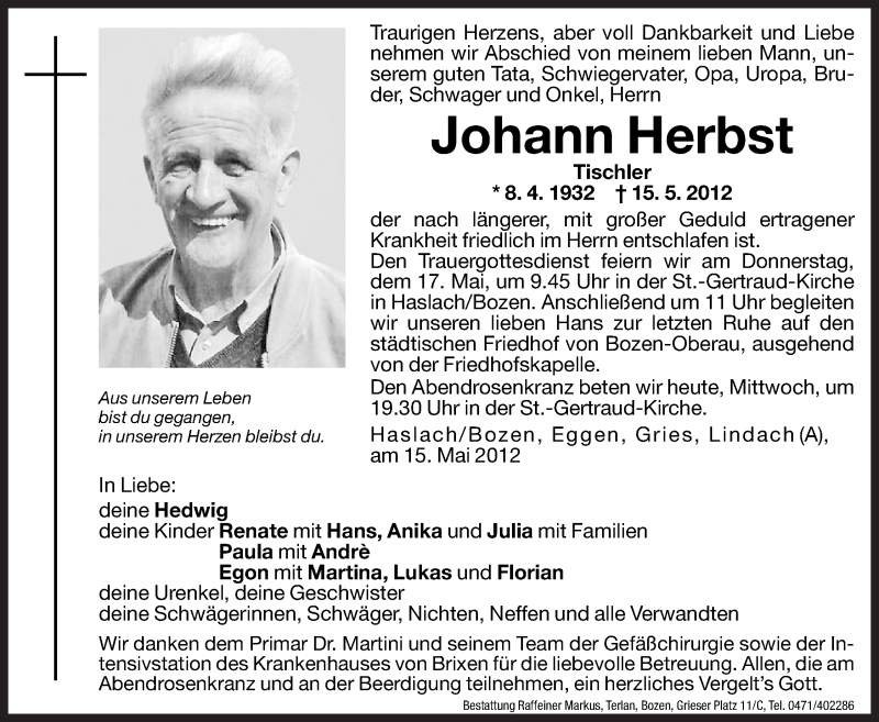  Traueranzeige für Johann Herbst vom 16.05.2012 aus Dolomiten