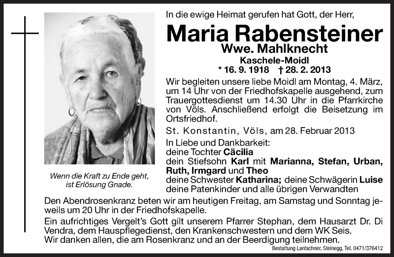  Traueranzeige für Maria Mahlknecht vom 01.03.2013 aus Dolomiten