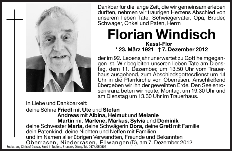  Traueranzeige für Florian Windisch vom 10.12.2012 aus Dolomiten