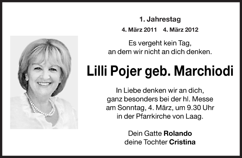  Traueranzeige für Lilli Pojer vom 03.03.2012 aus Dolomiten