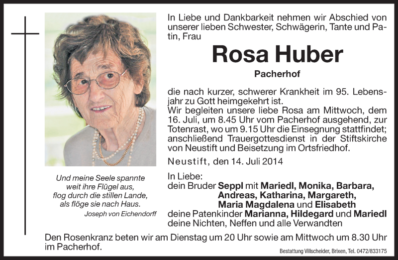  Traueranzeige für Rosa Huber vom 15.07.2014 aus Dolomiten