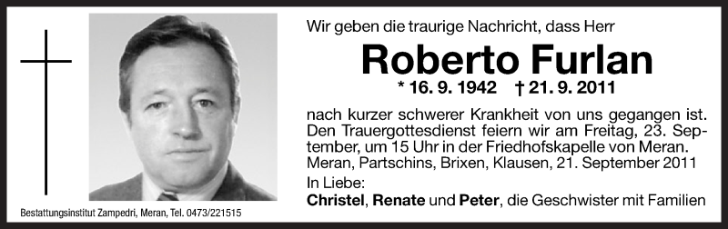  Traueranzeige für Roberto Furlan vom 22.09.2011 aus Dolomiten