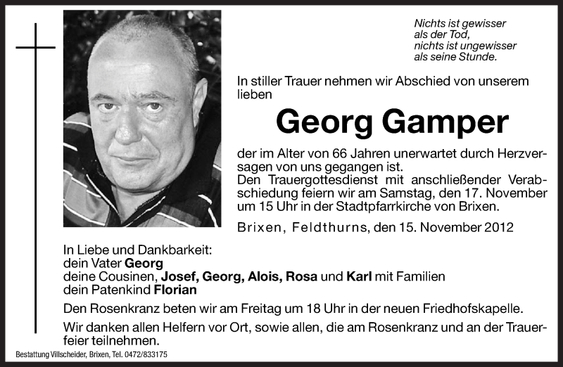  Traueranzeige für Georg Gamper vom 16.11.2012 aus Dolomiten