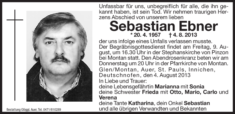  Traueranzeige für Sebastian Ebner vom 07.08.2013 aus Dolomiten