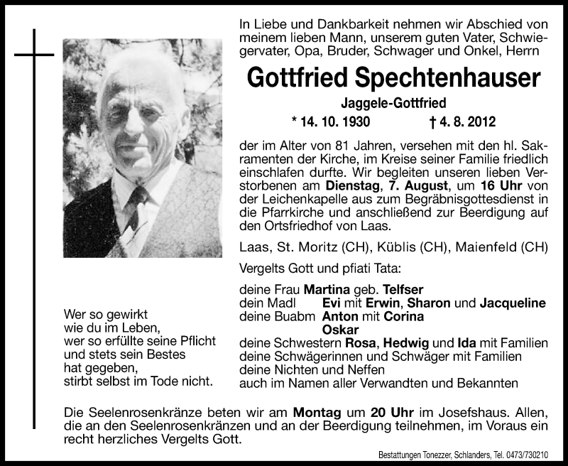  Traueranzeige für Gottfried Spechtenhauser vom 06.08.2012 aus Dolomiten