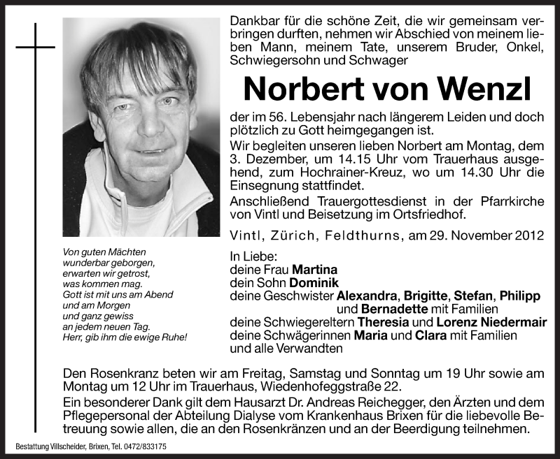  Traueranzeige für Norbert von Wenzl vom 30.11.2012 aus Dolomiten