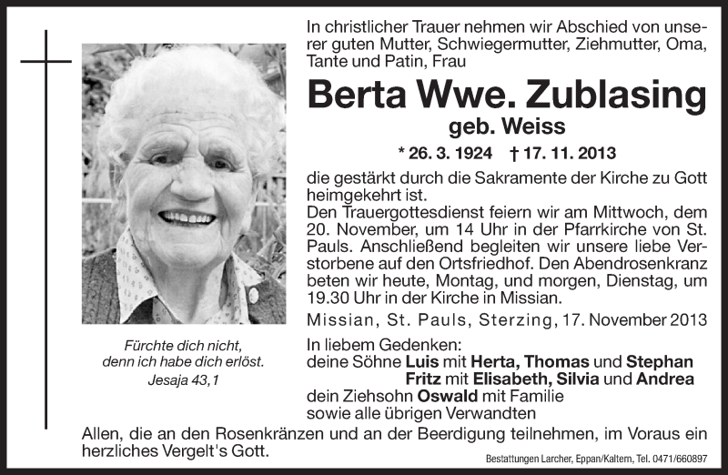  Traueranzeige für Berta Zublasing vom 18.11.2013 aus Dolomiten