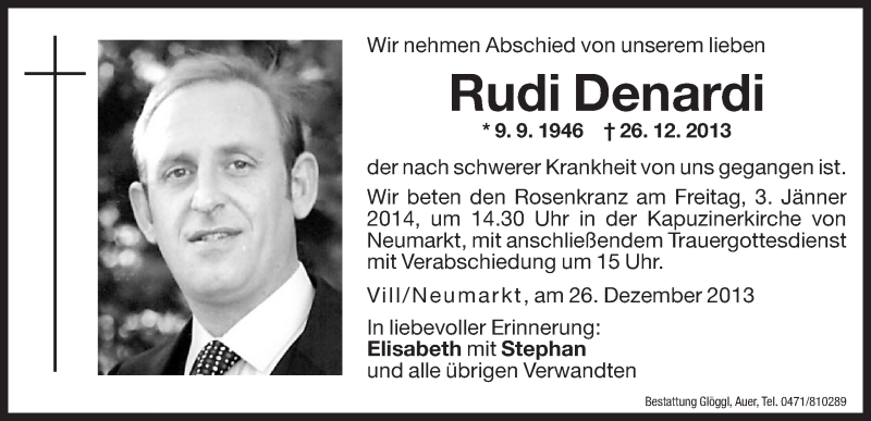  Traueranzeige für Rudi Denardi vom 28.12.2013 aus Dolomiten