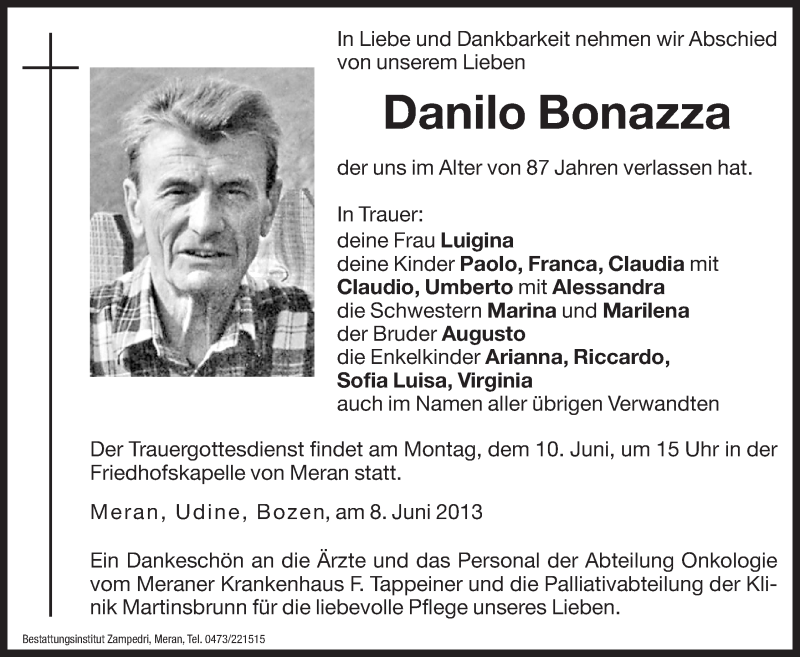  Traueranzeige für Danilo Bonazza vom 10.06.2013 aus Dolomiten