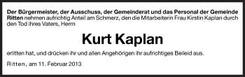 Traueranzeige von Kurt Kaplan von Dolomiten