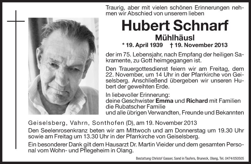  Traueranzeige für Hubert Schnarf vom 20.11.2013 aus Dolomiten