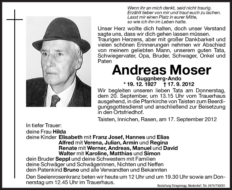  Traueranzeige für Andreas Moser vom 19.09.2012 aus Dolomiten