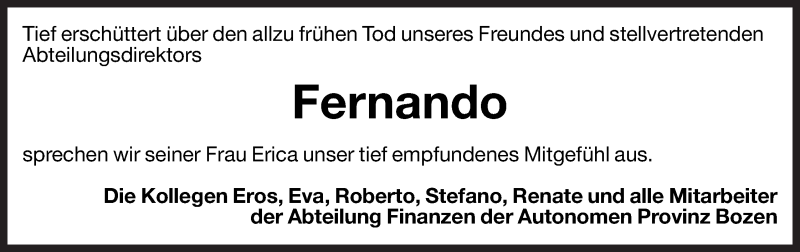  Traueranzeige für Fernando  vom 11.10.2011 aus Dolomiten