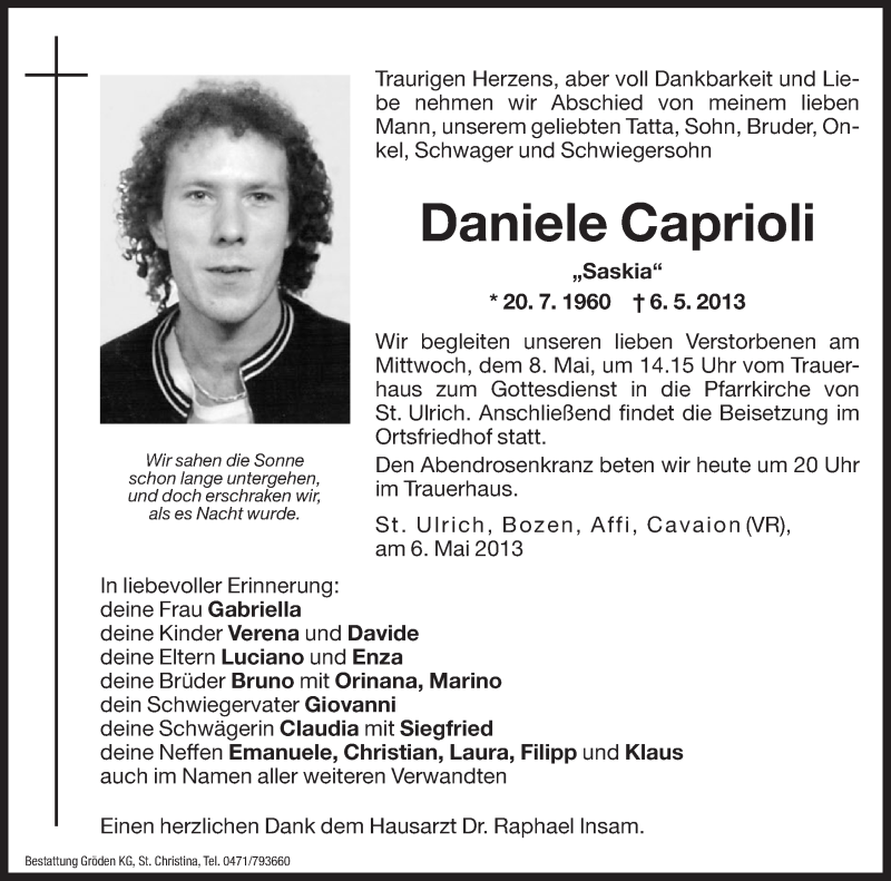  Traueranzeige für Daniele Caprioli vom 07.05.2013 aus Dolomiten