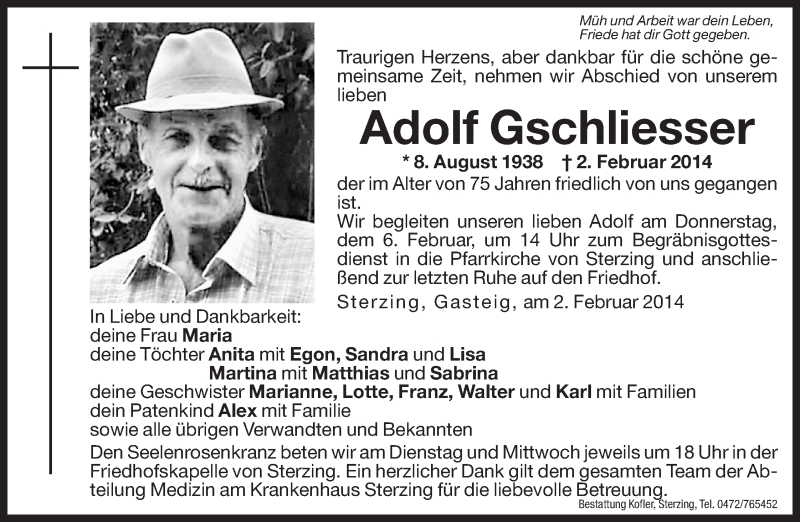  Traueranzeige für Adolf Gschkiesser vom 04.02.2014 aus Dolomiten