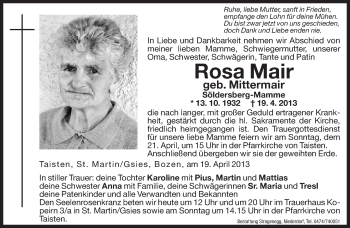 Traueranzeige von Rosa Mair von Dolomiten