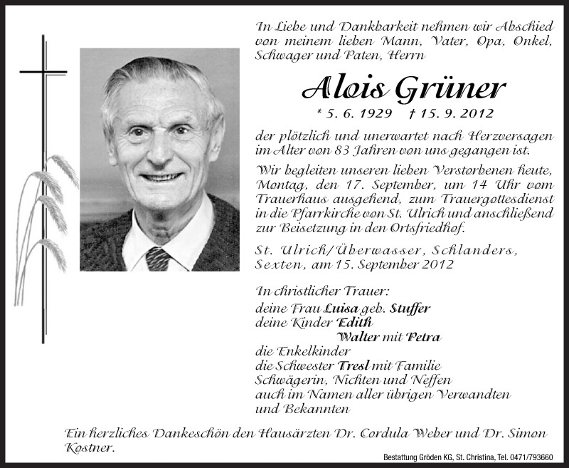  Traueranzeige für Alois Grüner vom 17.09.2012 aus Dolomiten