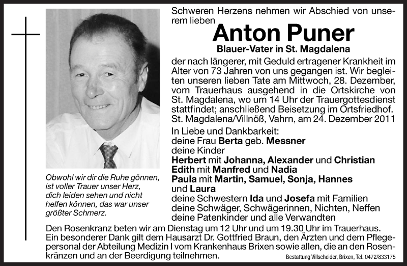  Traueranzeige für Anton Puner vom 27.12.2011 aus Dolomiten