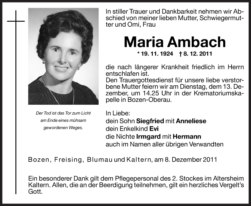  Traueranzeige für Maria Ambach vom 10.12.2011 aus Dolomiten