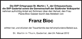 Traueranzeige von Franz Bioc von Dolomiten