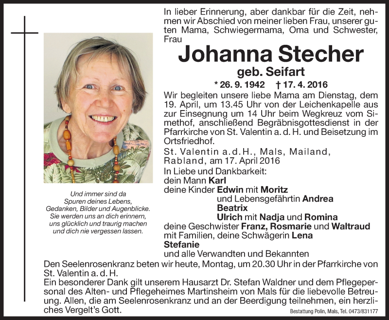  Traueranzeige für Johanna Stecher vom 18.04.2016 aus Dolomiten