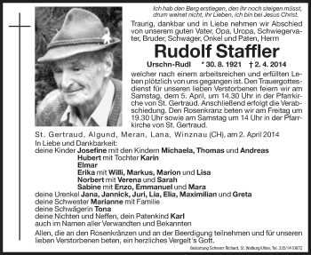 Traueranzeige von Rudolf Staffler von Dolomiten