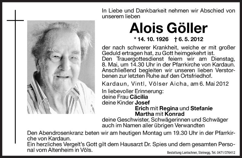  Traueranzeige für Alois Göller vom 07.05.2012 aus Dolomiten