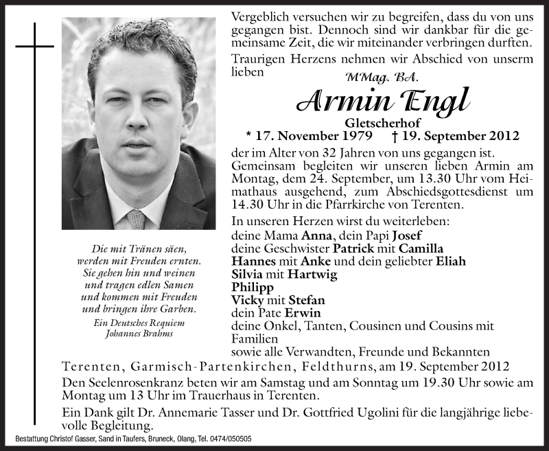  Traueranzeige für Armin Engl vom 22.09.2012 aus Dolomiten